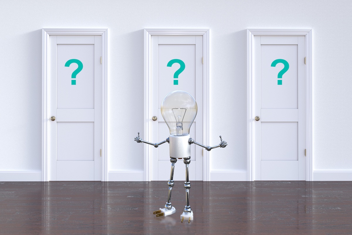 animated lightbulb standing in front of three white doors with blue question marks